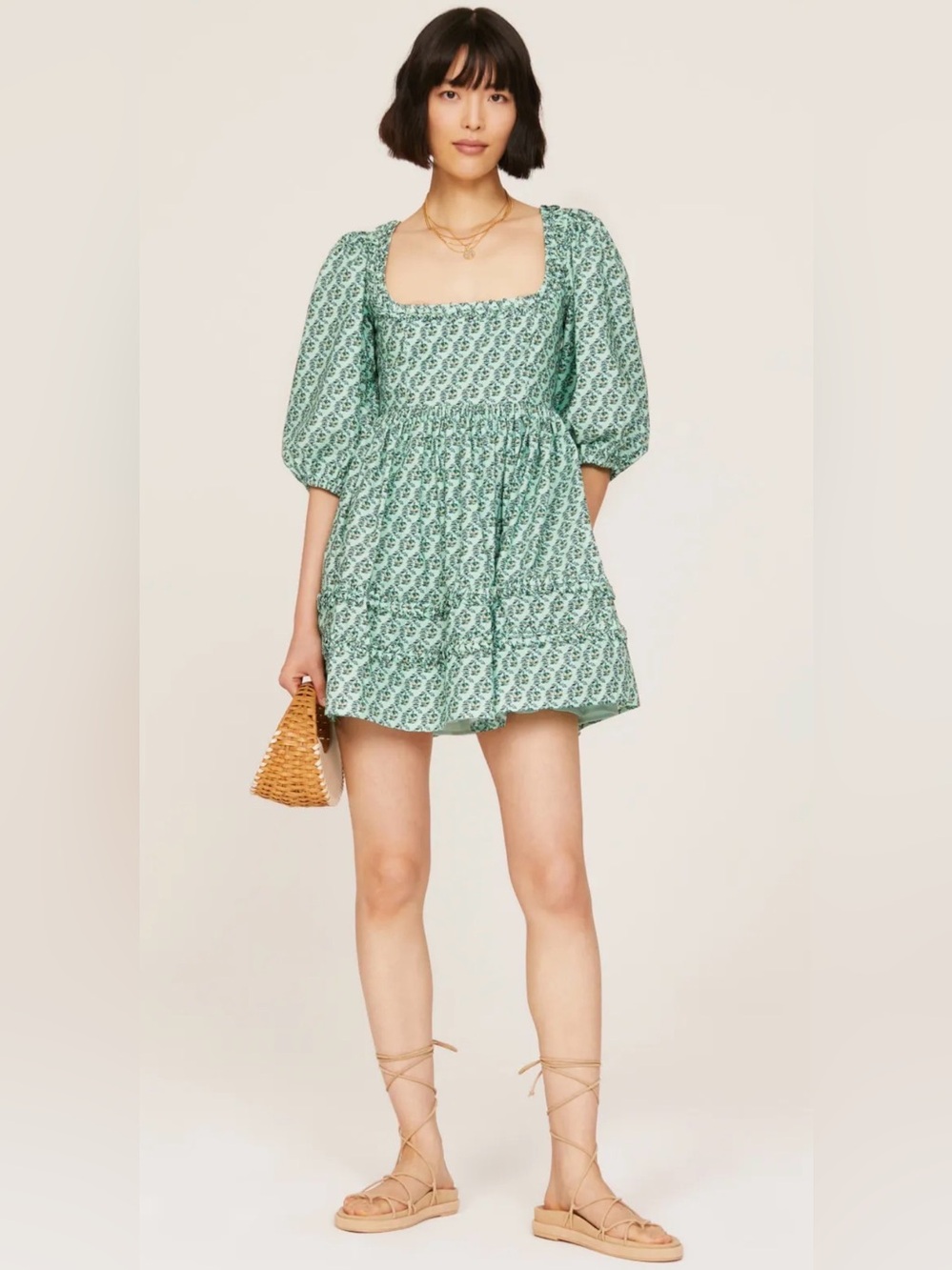 Rhode Daya puff sleeve Square-Neck Mini Dress in Mint Floral